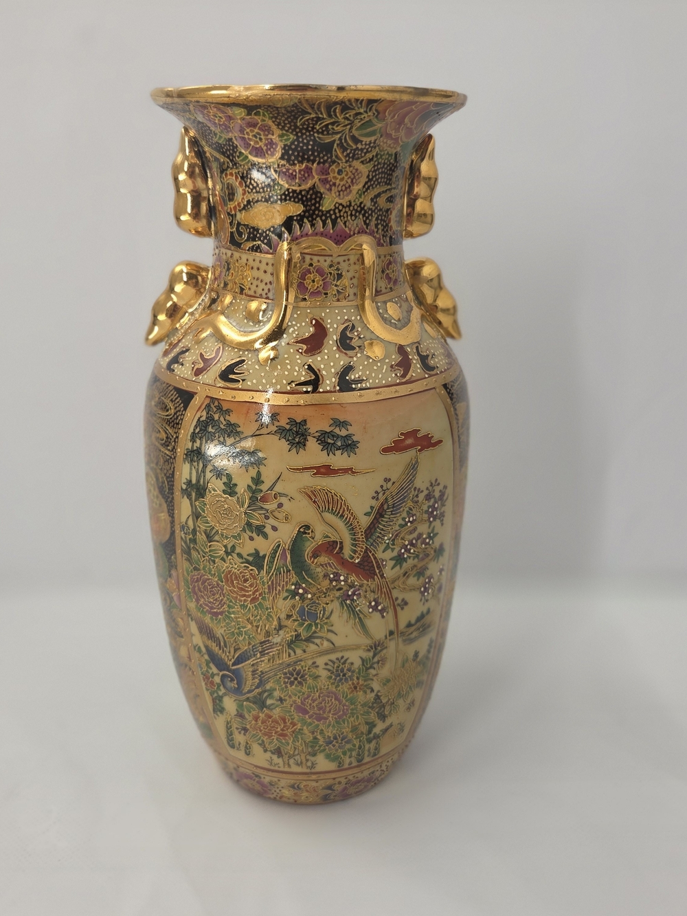 Vintage Royal Satsuma Moriage Porcelain Vase Peacock Gold Handles New In Box NIB